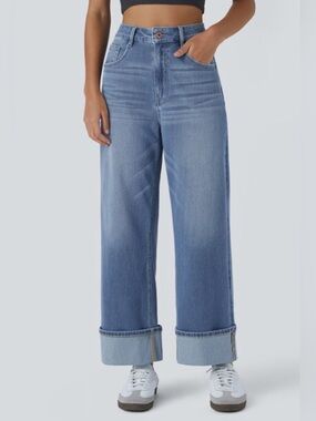 Halara Flex High Waisted Pockets Rolled Hem Wide Leg Washed Casual Jeans Size MP